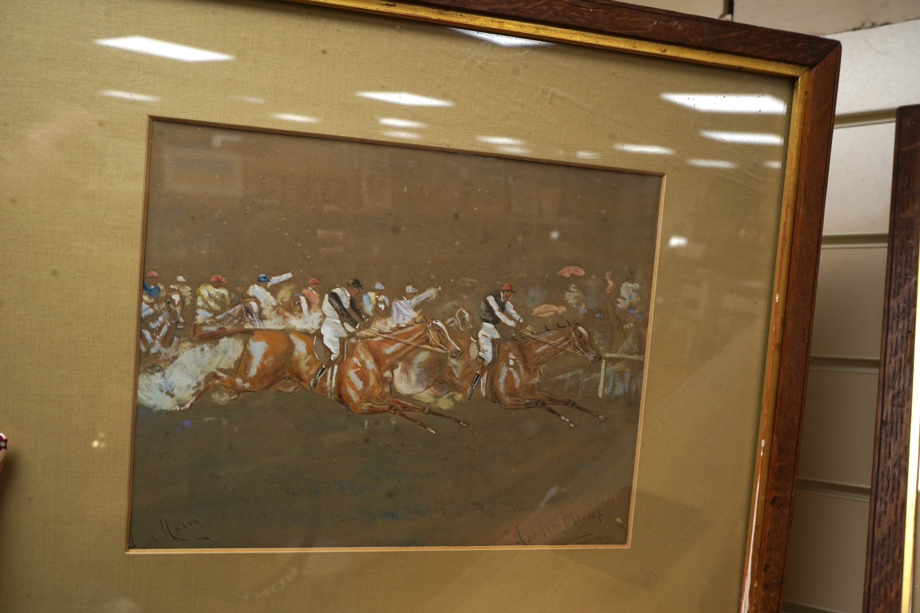 George Finch Mason (1850-1915), ‘Archer Wins!’ and ‘Findham Wins!’, each signed, pair of horse racing interest watercolours, 22 x 27cm together with George Finch Mason (1850-1915), Horse racing scenes, one titled ‘Fordli